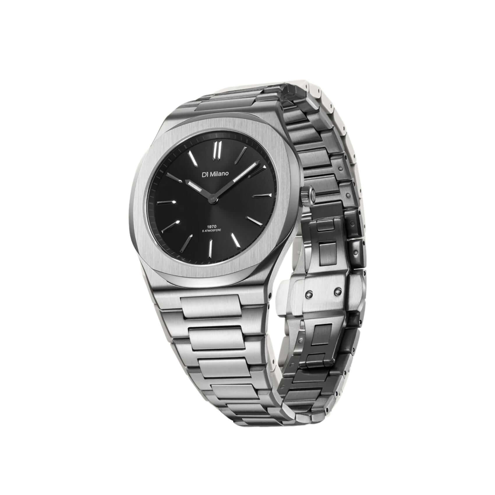 Ασημί ατσάλινο μπρασελέ με rounded links του D1 Milano Ultra Thin Groovy Black D1-UHBJ01.