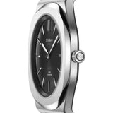 Κοντινό στο μαύρο καντράν του D1 Milano D1-UHBJ01 με ασημί δείκτες και ζαφείρι anti-reflective κρύσταλλο.