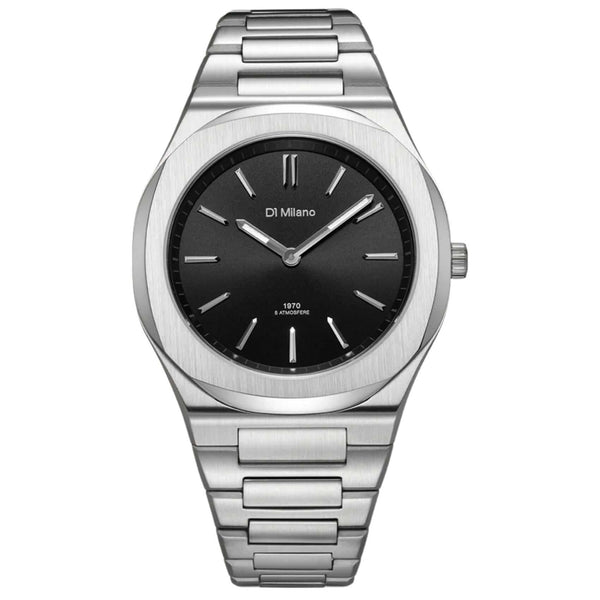 Ανδρικό ρολόι D1 Milano Ultra Thin Groovy Black D1-UHBJ01 με ασημί κάσα και soleil black καντράν Ø39 mm.