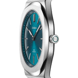 Κοντινό στο soleil petrol green καντράν του D1 Milano D1-UHBJ03 με ασημί δείκτες και ζαφείρι anti-reflective κρύσταλλο.