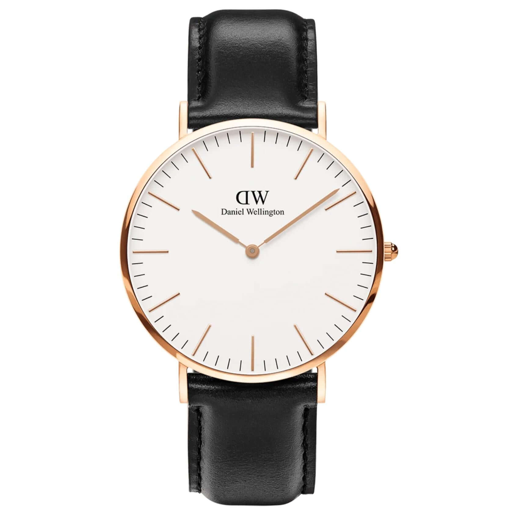 Ανδρικό ρολόι Daniel Wellington Classic Sheffield DW00100007 με μαύρο δερμάτινο λουράκι, λευκό στρογγυλό καντράν διαμέτρου 40mm και λεπτομέρειες σε ροζ χρυσό χρώμα.