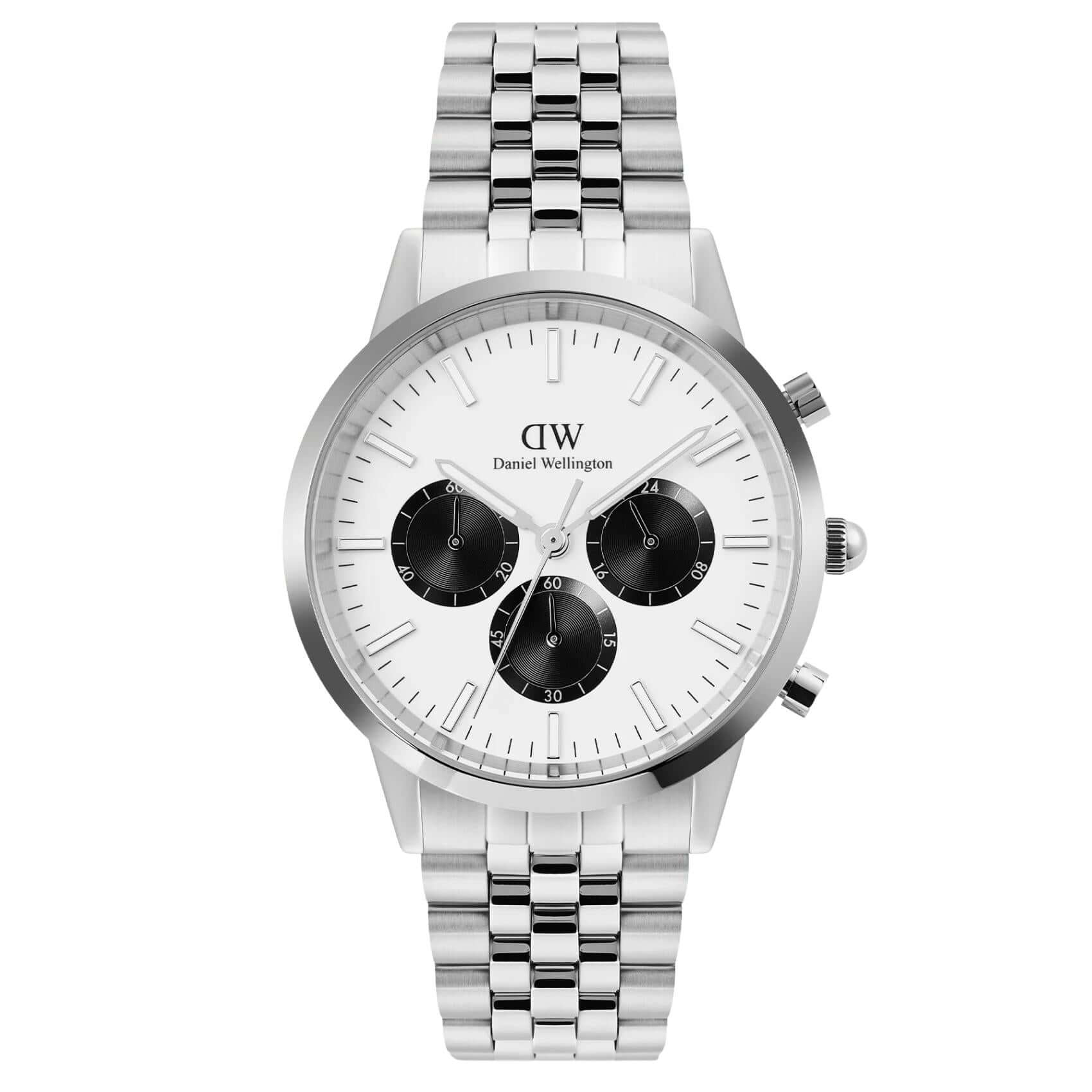Ανδρικό ρολόι Daniel Wellington Iconic Chronograph DW00100872 με ασημί μπρασελέ από ανοξείδωτο ατσάλι και λευκό καντράν διαμέτρου 42mm με μαύρες λεπτομέρειες.