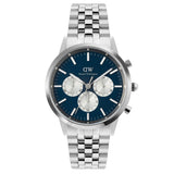 Ανδρικό ρολόι Daniel Wellington Iconic Chronograph DW00100874 με ασημί μπρασελέ από ανοξείδωτο ατσάλι και μπλε καντράν διαμέτρου 42mm με ασημί λεπτομέρειες.