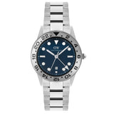 Ανδρικό ρολόι Daniel Wellington Iconic GMT DW00100922 με ασημί μπρασελέ από ανοξείδωτο ατσάλι, μπλε καντράν διαμέτρου 40mm, γκρι λεπτομέρειες και γκρι κεραμική στεφάνη.