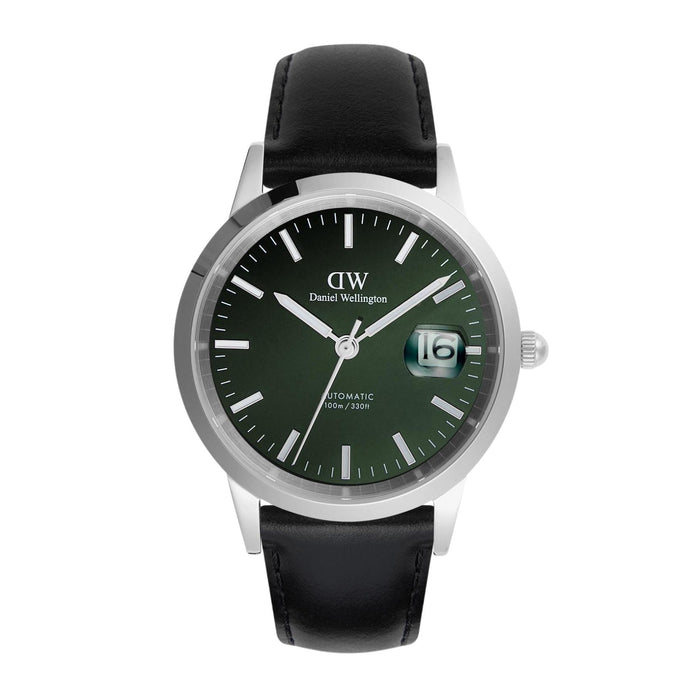 Ανδρικό ρολόι Daniel Wellington Iconic Sheffield DW00100756 αυτόματο με μαύρο δερμάτινο λουράκι, πράσινο στρογγυλό καντράν διαμέτρου 40mm και ασημί λεπτομέρειες.