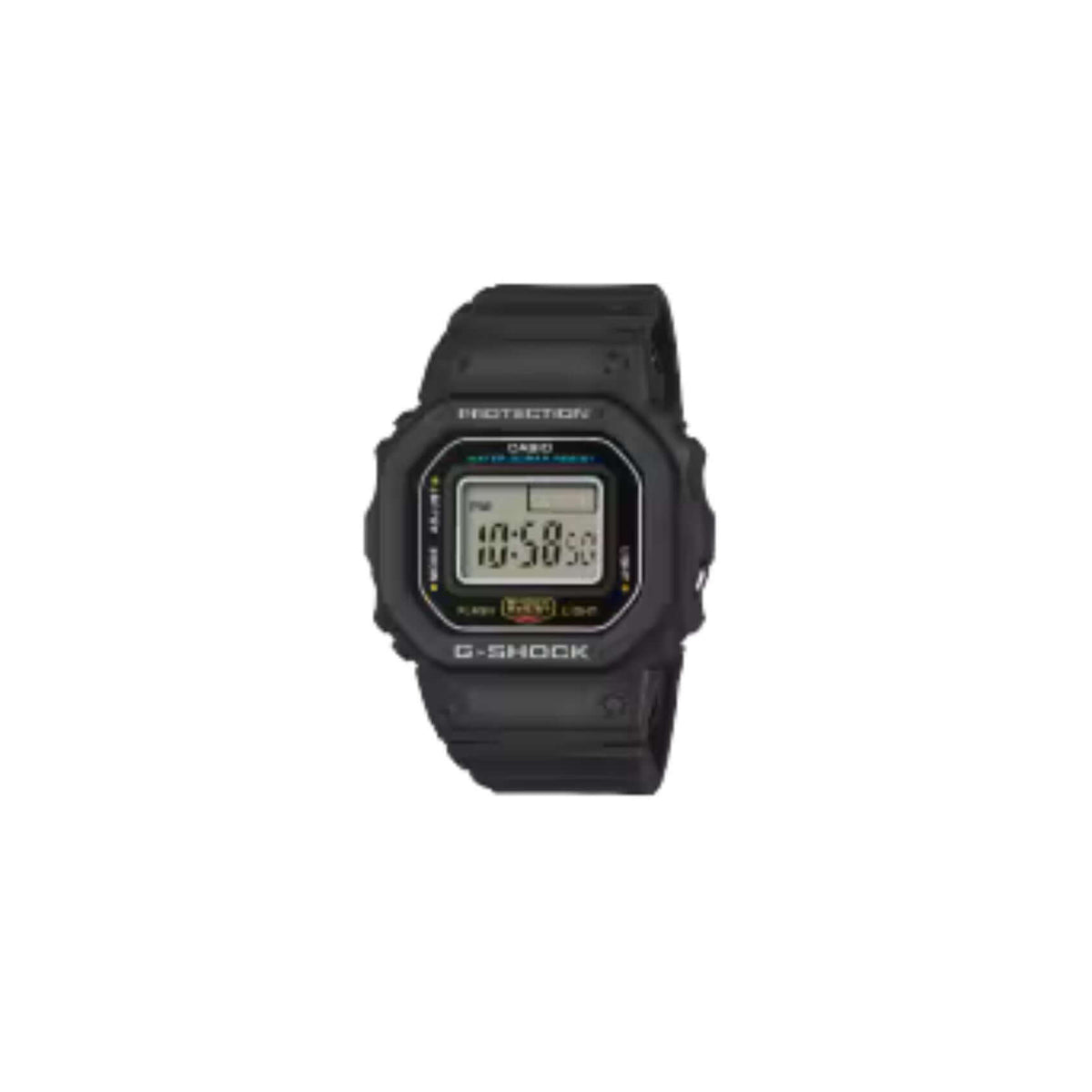 Ανδρικό ρολόι δαχτυλίδι Casio G-Shock DWN-5600-1ER με μαύρο λουράκι από ρητίνη βιολογικής προέλευσης και μαύρο ψηφιακό καντράν σε τετράγωνο σχήμα.