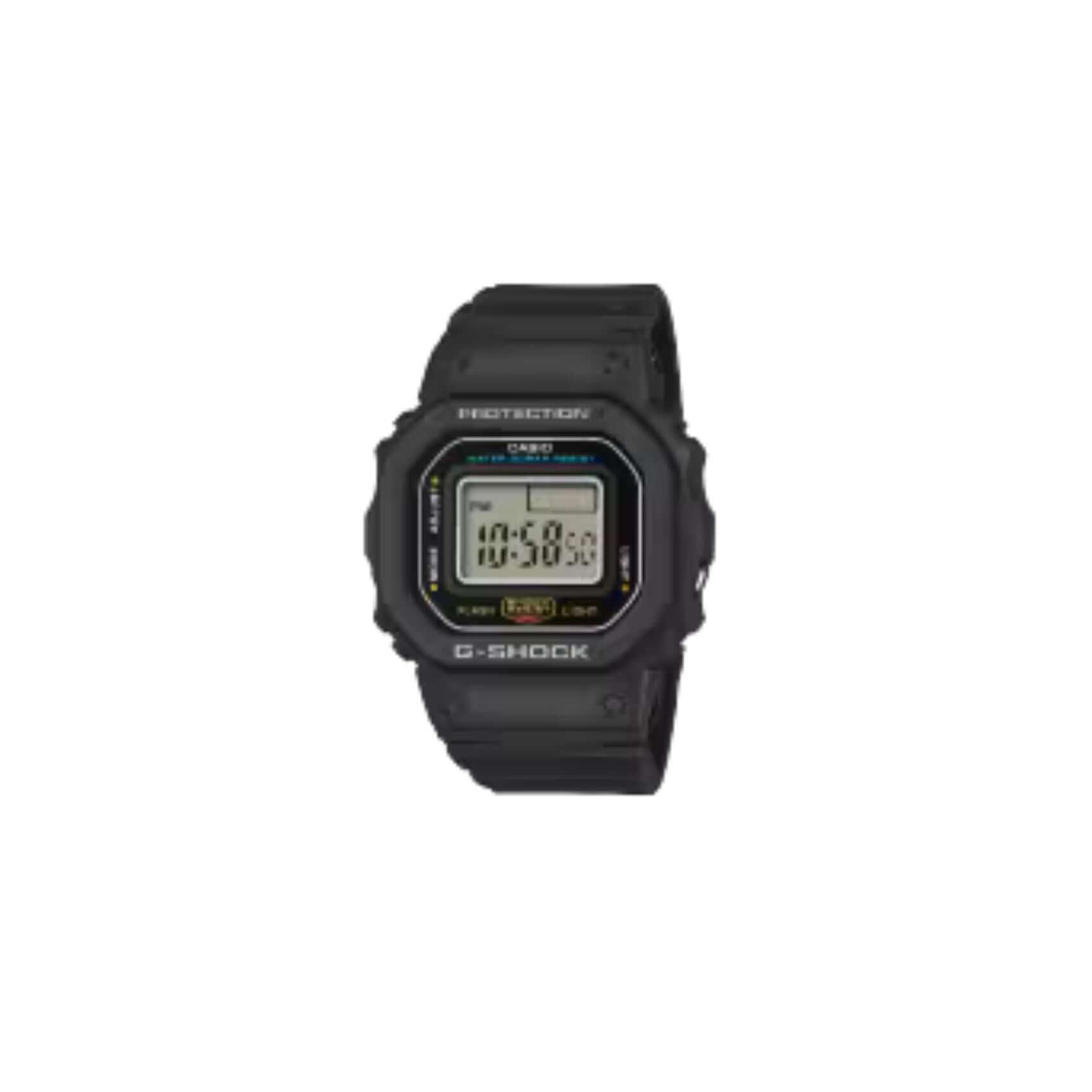 Ανδρικό ρολόι δαχτυλίδι Casio G-Shock DWN-5600-1ER με μαύρο λουράκι από ρητίνη βιολογικής προέλευσης και μαύρο ψηφιακό καντράν σε τετράγωνο σχήμα.