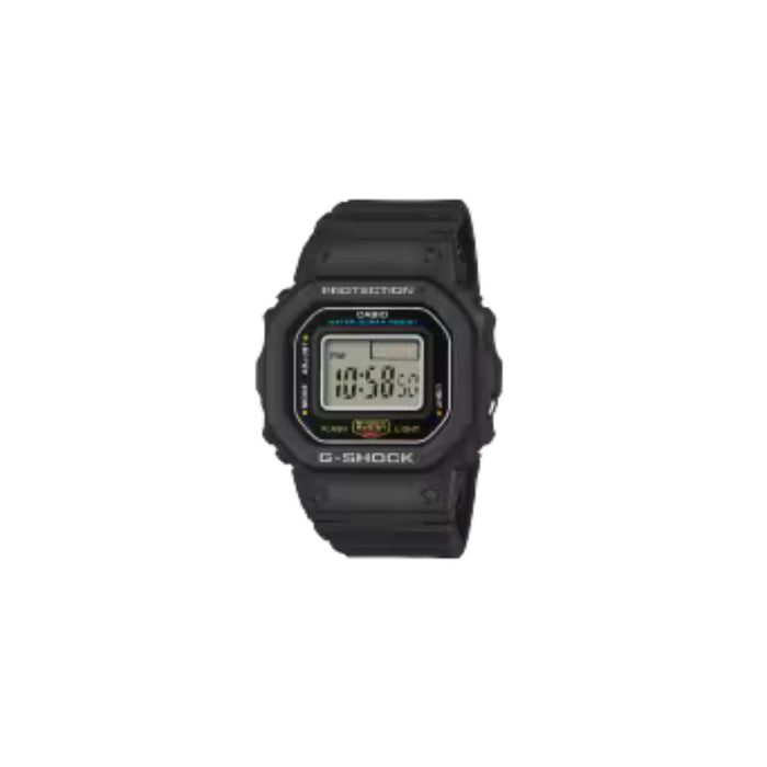 Ανδρικό ρολόι δαχτυλίδι Casio G-Shock DWN-5600-1ER με μαύρο λουράκι από ρητίνη βιολογικής προέλευσης και μαύρο ψηφιακό καντράν σε τετράγωνο σχήμα.