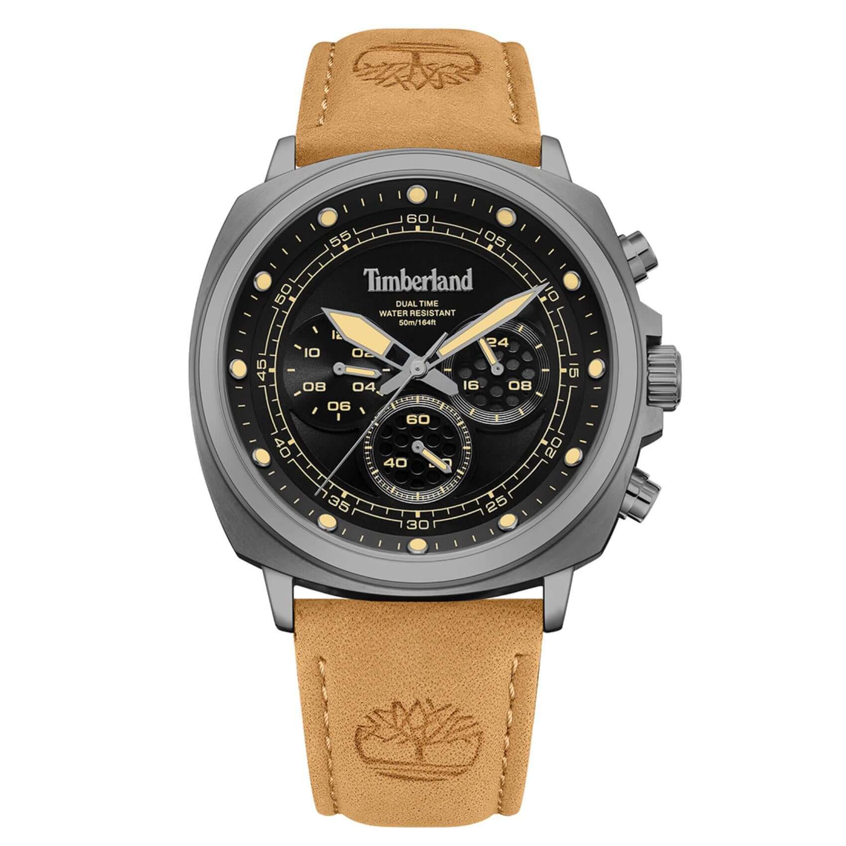 Ανδρικό ρολόι Dual Time Timberland Williston Small TDWGF0042002 με ταμπά δερμάτινο λουράκι και μαύρο καντράν 43.5 mm.