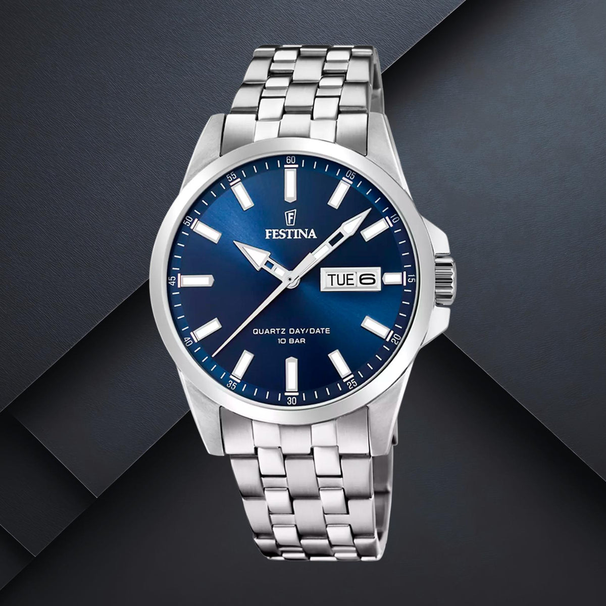 Ανδρικό ρολόι Festina Classics F20357/3 με ασημί μπρασελέ και μπλε καντράν διαμέτρου 41mm με ένδειξη ημερομηνίας