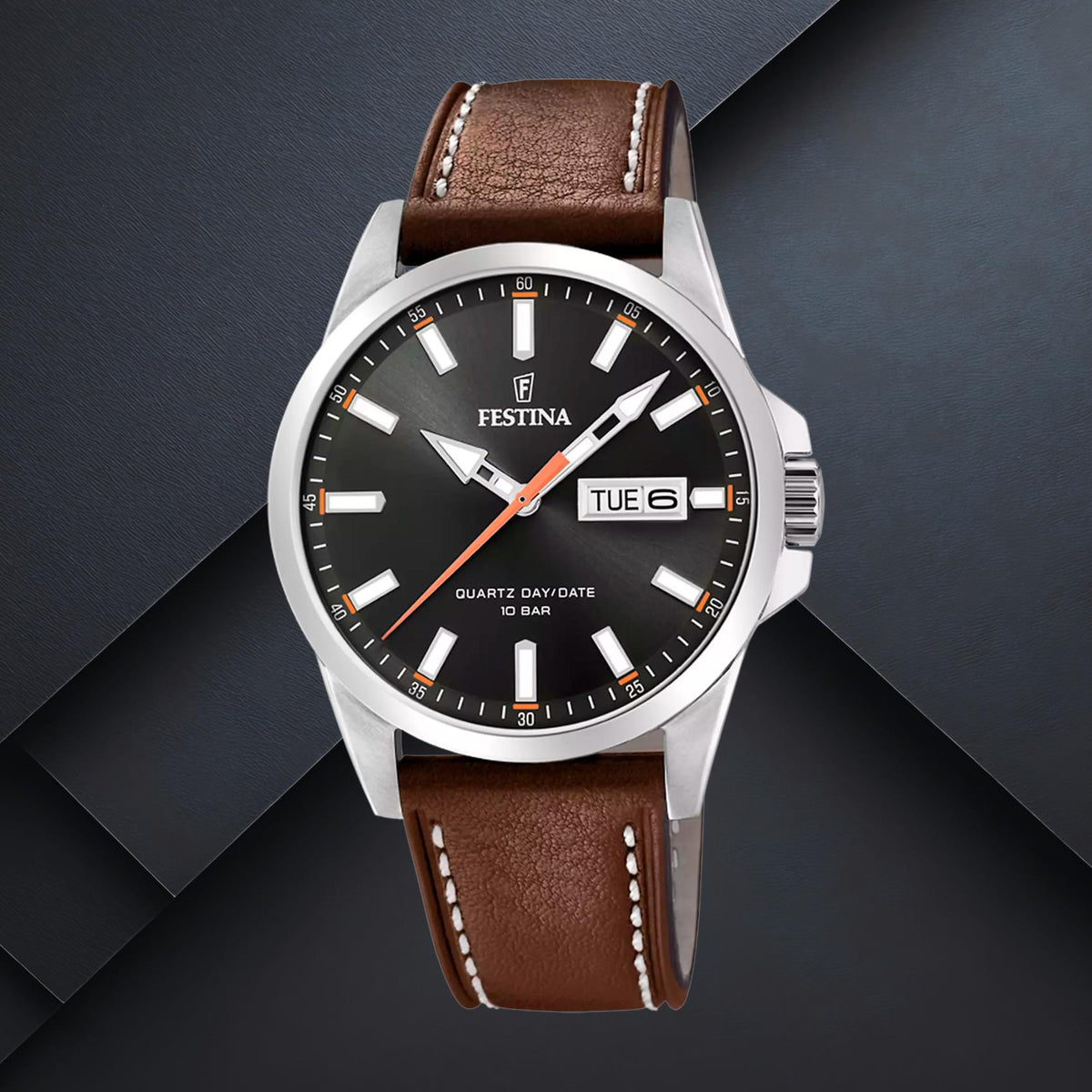 Ανδρικό ρολόι Festina Classics F20358/2 με καφέ δερμάτινο λουράκι, μαύρο καντράν 41mm, ενδείξεις ημέρας και ημερομηνίας