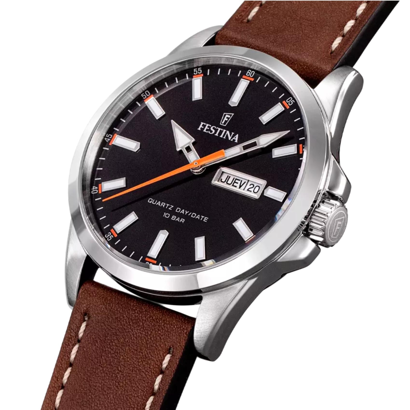 Μαύρο καντράν ρολογιού Festina Classics F20358/2 διαμέτρου 41mm με ενδείξεις ημέρας και ημερομηνίας
