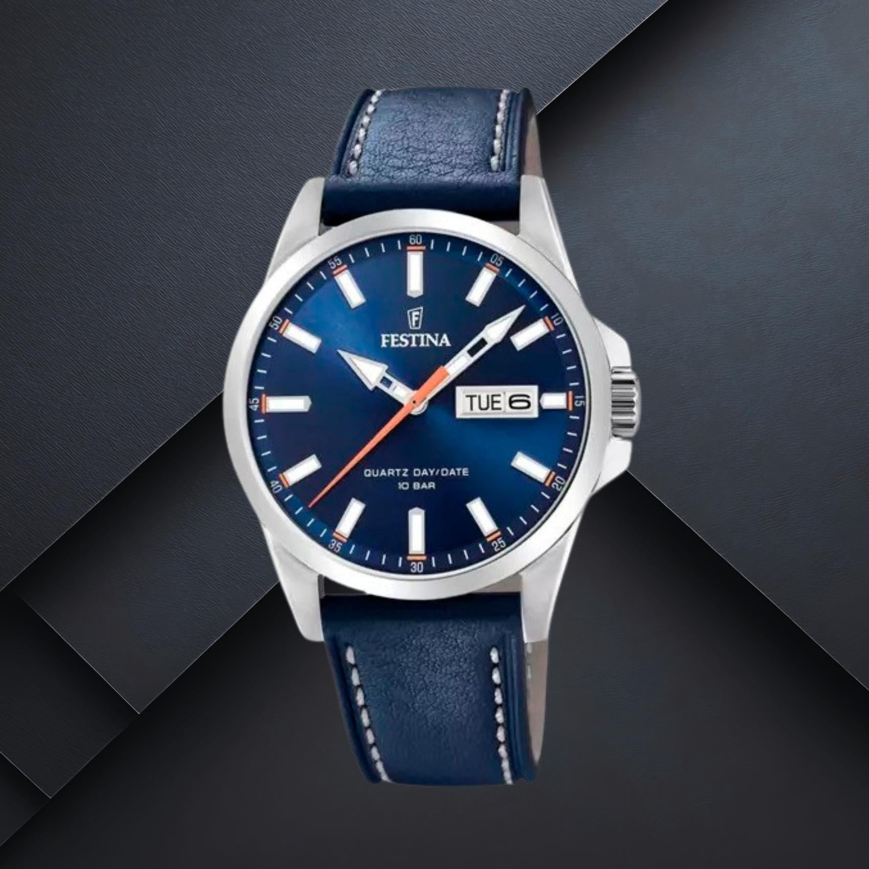 Ανδρικό ρολόι Festina Classics F20358/3 με μπλε δερμάτινο λουράκι, μπλε καντράν 41mm, ενδείξεις ημέρας και ημερομηνίας