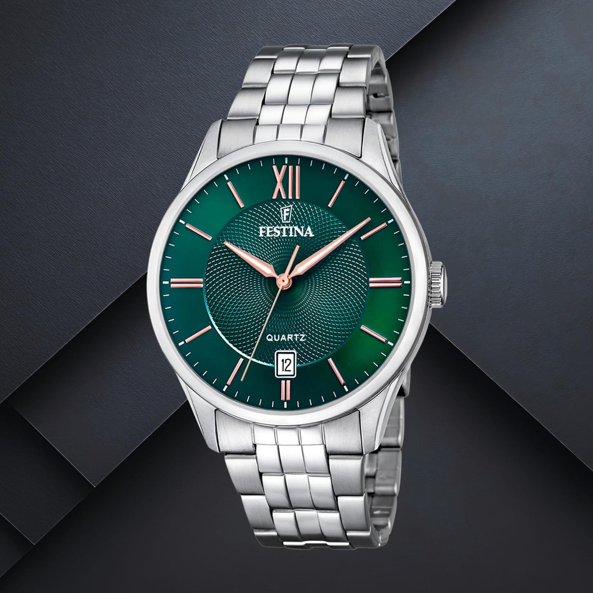 Ανδρικό ρολόι Festina Classics F20425/7 με ασημί μπρασελέ, πράσινο καντράν 43mm, ένδειξη ημερομηνίας