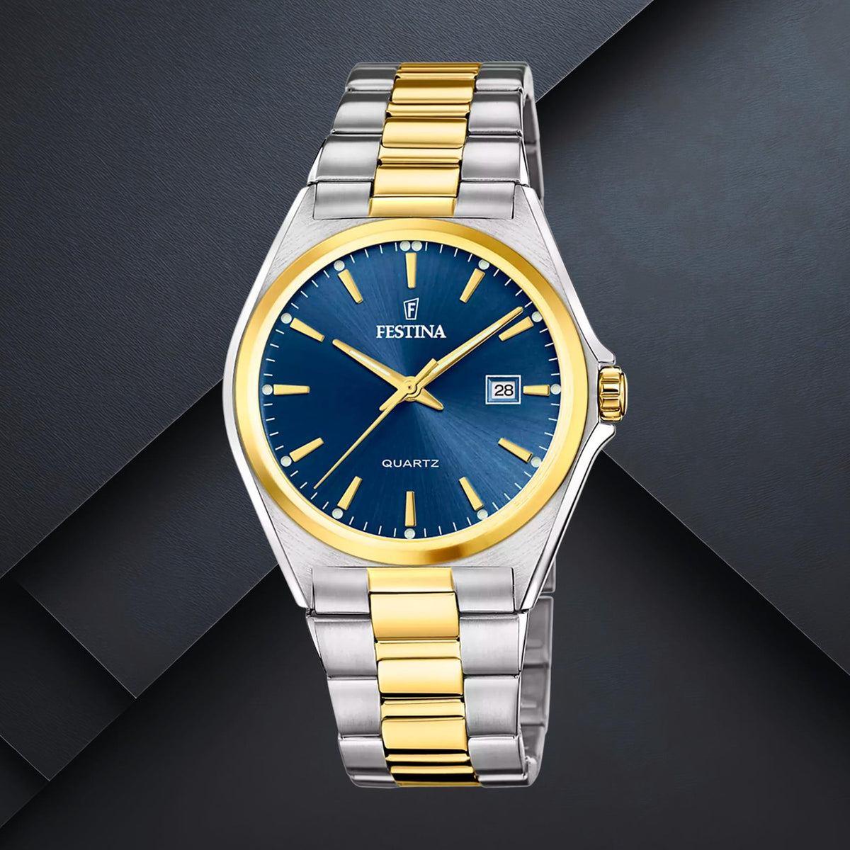 Ανδρικό ρολόι Festina Classics F20554/4 με ασημί-χρυσό μπρασελέ, μπλε καντράν 40mm, ένδειξη ημερομηνίας