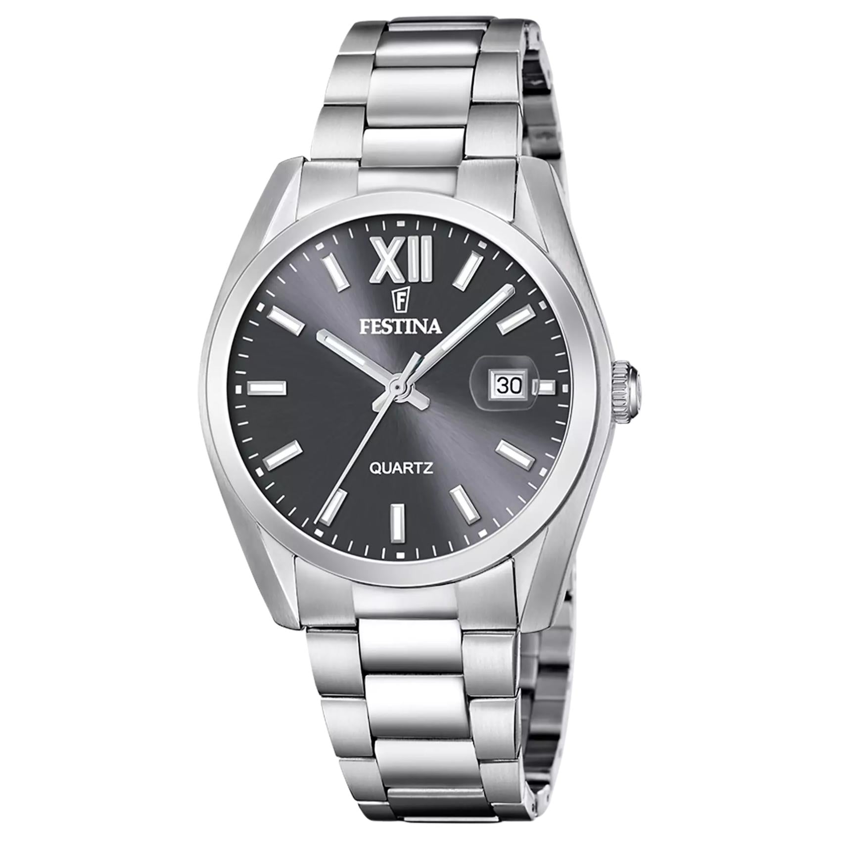 Ανδρικό ρολόι Festina Classics F20707/3 με ασημί μπρασελέ και σκούρο γκρι καντράν