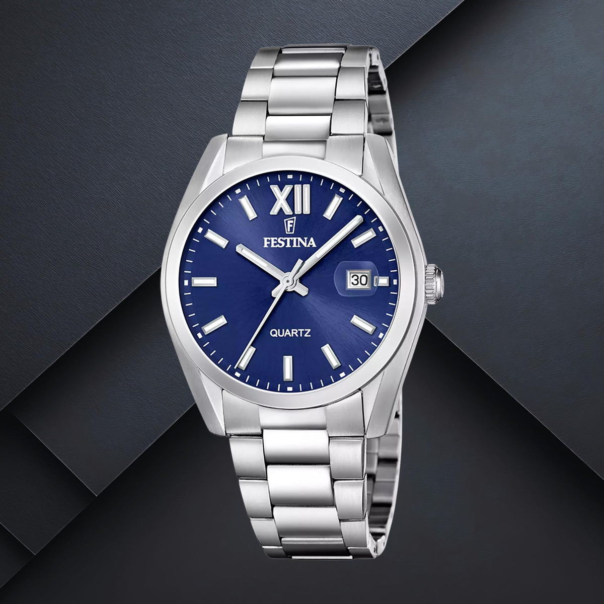 Ανδρικό ρολόι Festina Classics F20707/7 με ασημί μπρασελέ, σκούρο μπλε καντράν 40mm, ένδειξη ημερομηνίας