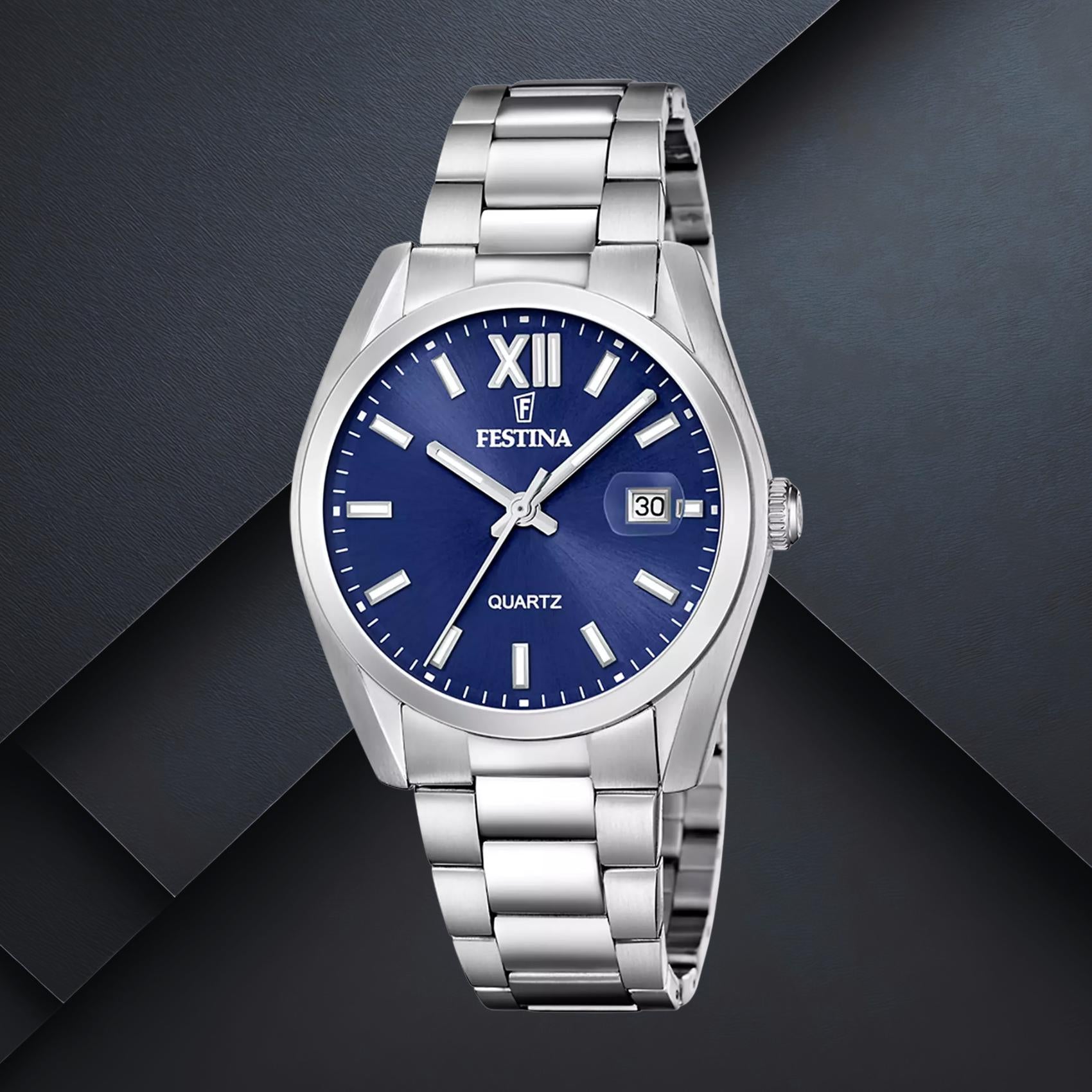 Ανδρικό ρολόι Festina Classics F20707/7 με ασημί μπρασελέ, σκούρο μπλε καντράν 40mm, ένδειξη ημερομηνίας