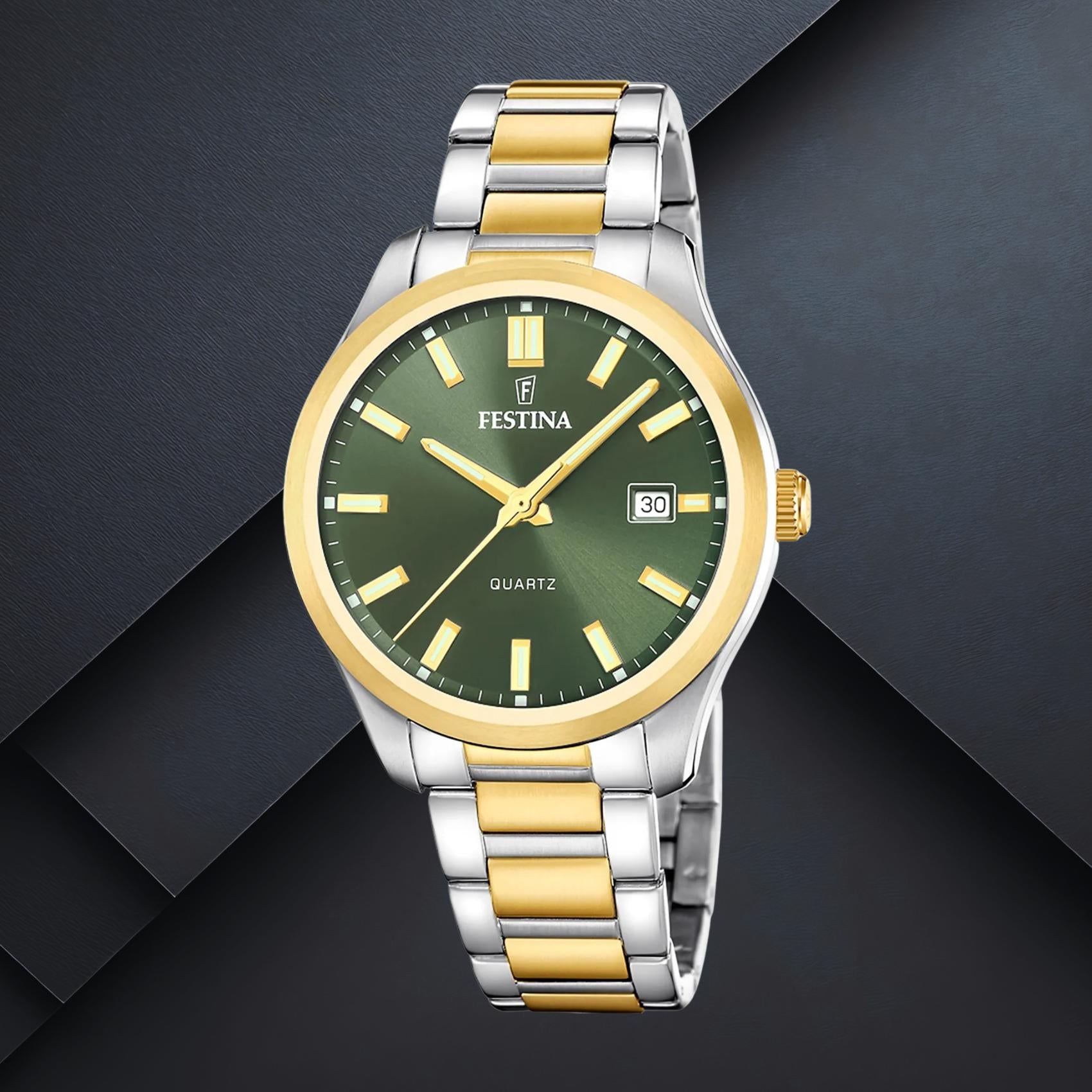 Ανδρικό ρολόι Festina Classics F20738/2 με ασημί-χρυσό μπρασελέ, πράσινο καντράν 42mm, ένδειξη ημερομηνίας