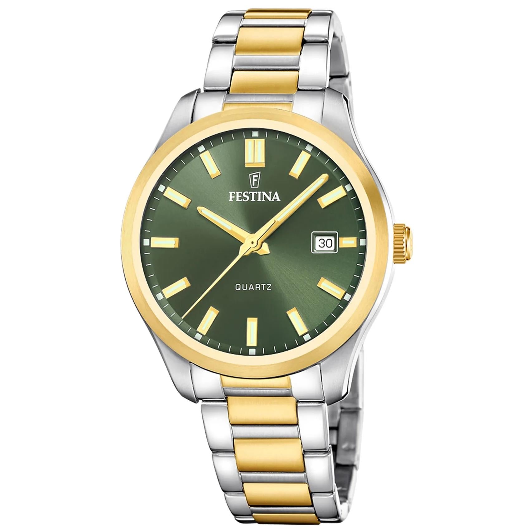 Ανδρικό ρολόι Festina Classics F20738/2 με ασημί-χρυσό μπρασελέ και πράσινο καντράν
