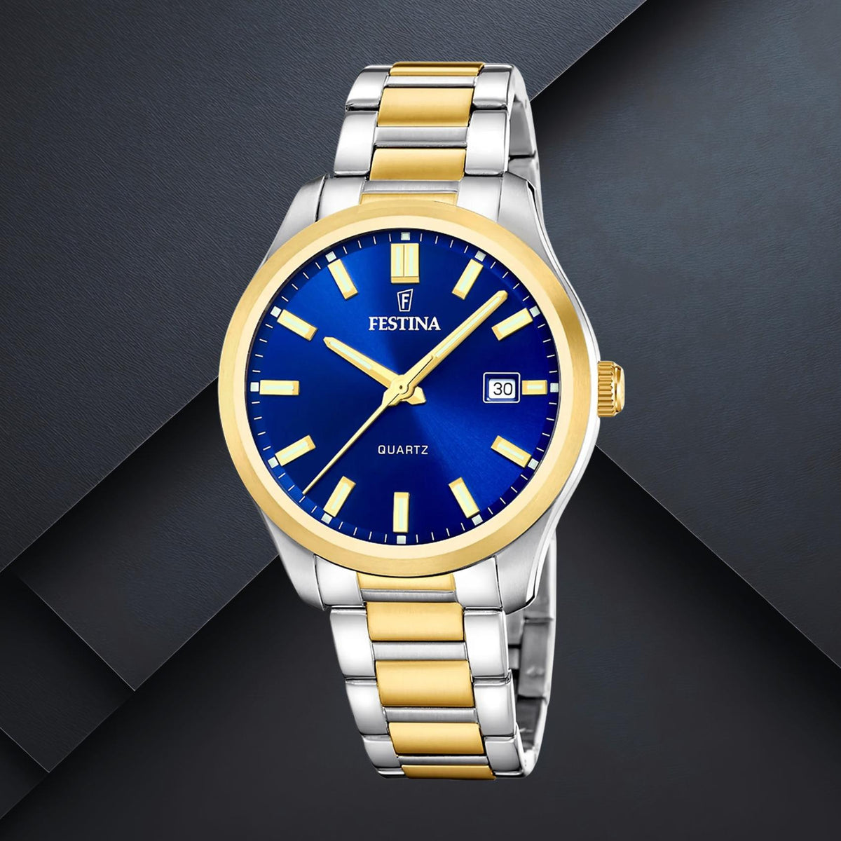 Ανδρικό ρολόι Festina Classics F20738/3 με ασημί-χρυσό μπρασελέ, μπλε καντράν 42mm, ένδειξη ημερομηνίας