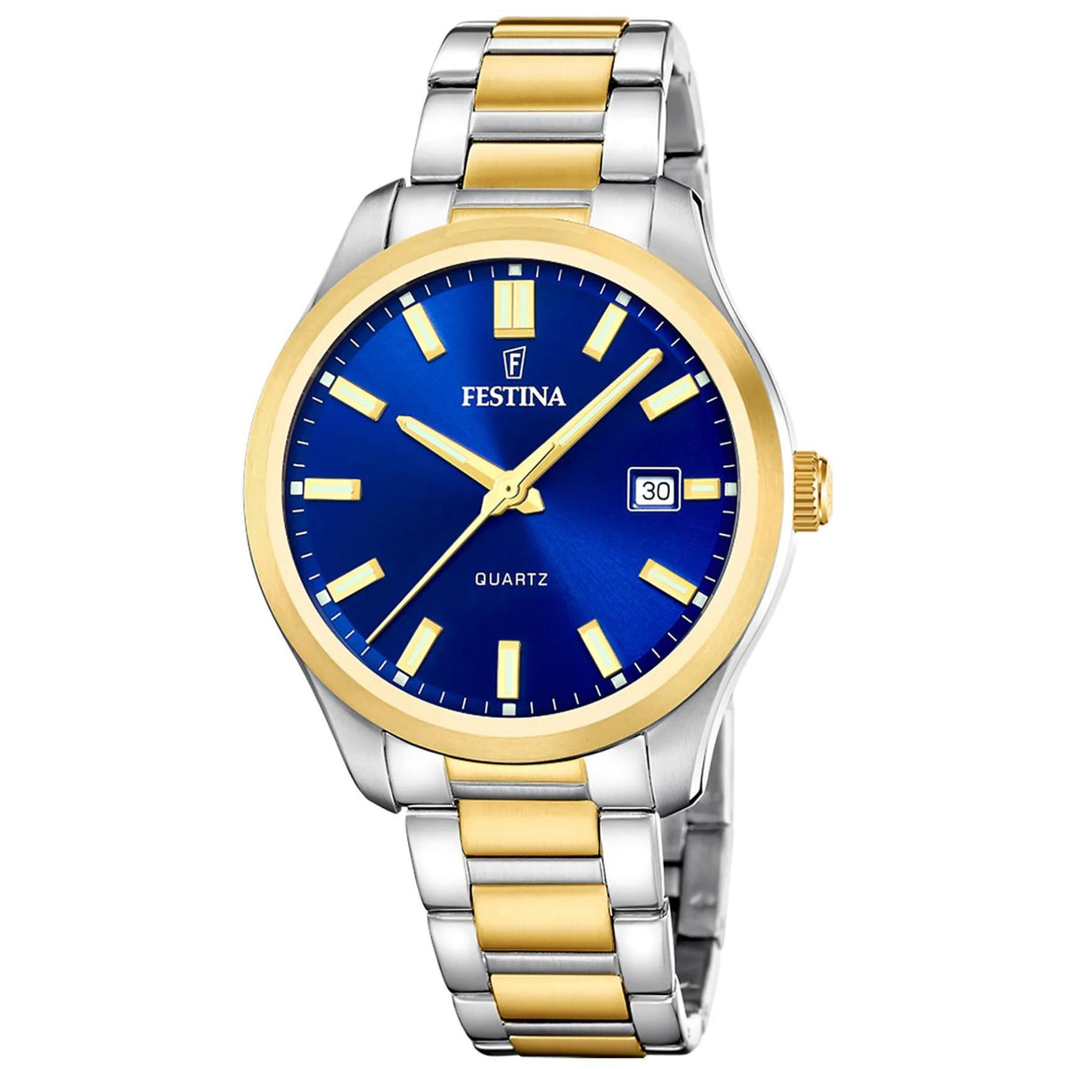 Ανδρικό ρολόι Festina Classics F20738/3 με ασημί-χρυσό μπρασελέ και μπλε καντράν