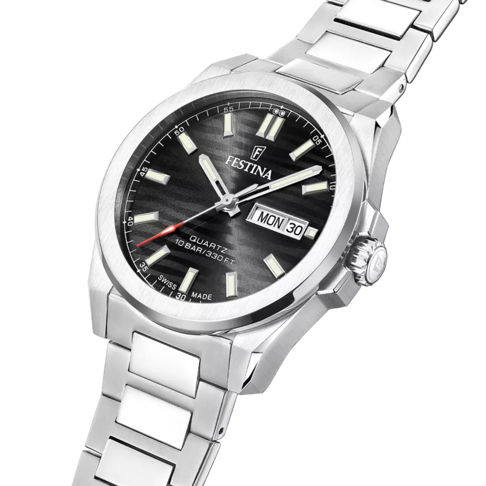 Μαύρο καντράν ρολογιού Festina Dune F20073/5 διαμέτρου 39.8mm με ένδειξη ημερομηνίας και ημέρας
