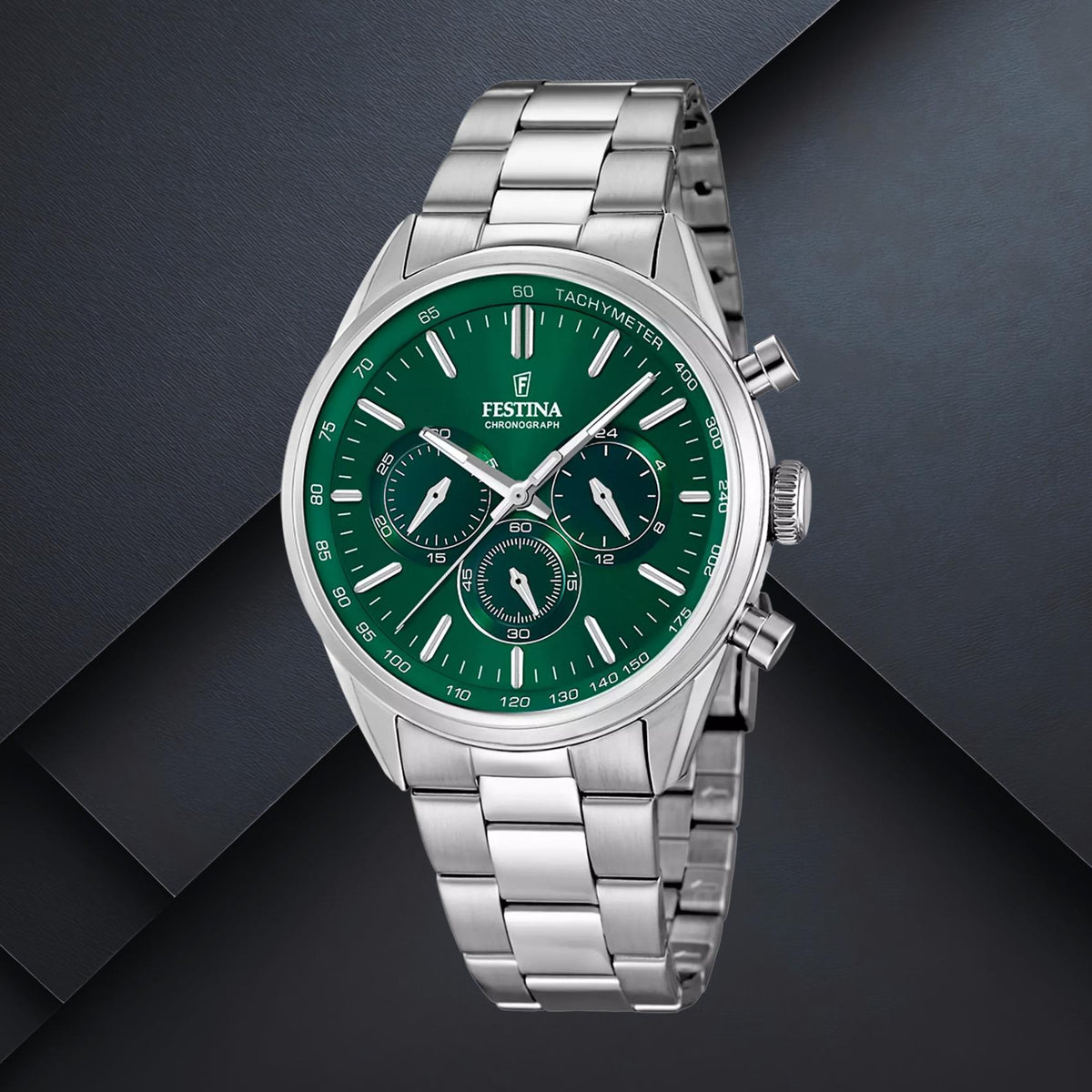 Ανδρικό ρολόι Festina F16820/R με ασημί μπρασελέ και πράσινο καντράν διαμέτρου 43.5mm με ένδειξη χρονογράφου