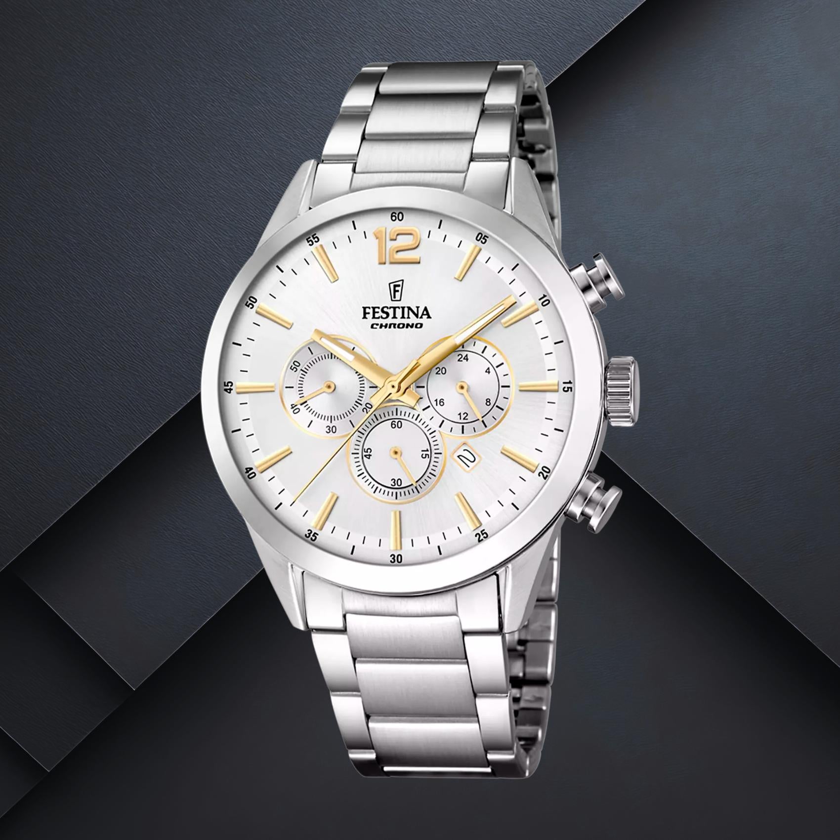 Ανδρικό ρολόι Festina F20343/1 με ασημί μπρασελέ και ασημί καντράν διαμέτρου 43.5mm με ένδειξη ημερομηνίας και χρονογράφο