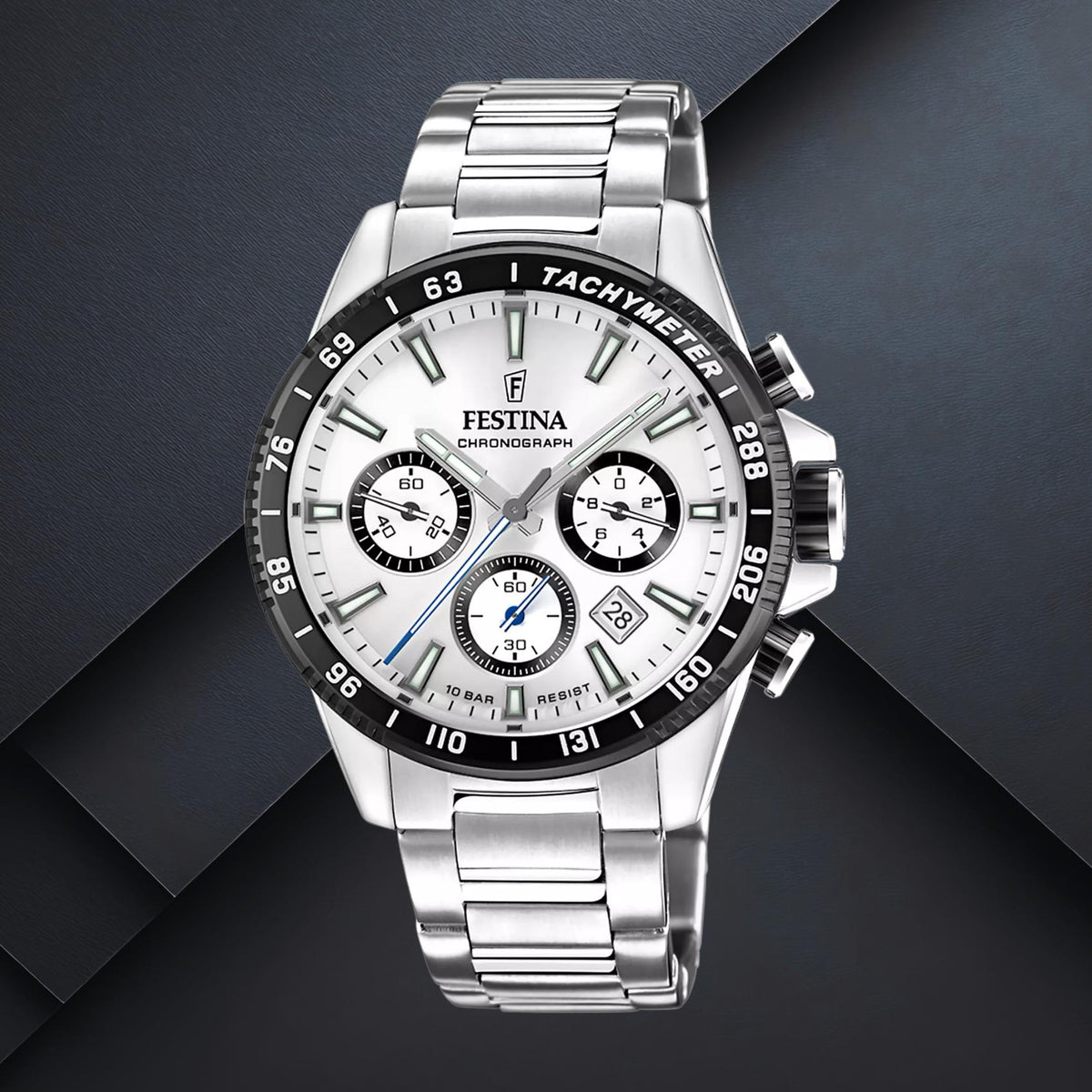 Ανδρικό ρολόι Festina F20560/1 με ασημί μπρασελέ και ασημί καντράν διαμέτρου 45mm με ένδειξη ημερομηνίας και χρονογράφο