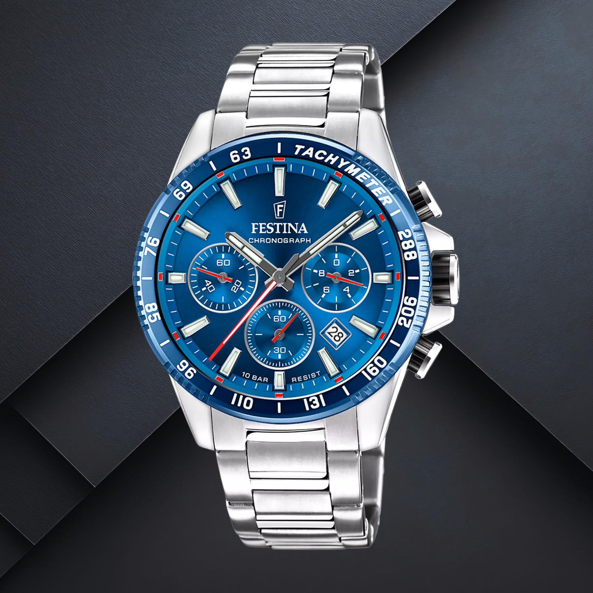 Ανδρικό ρολόι Festina F20560/3 με ασημί μπρασελέ και μπλε καντράν διαμέτρου 45mm με ένδειξη ημερομηνίας και χρονογράφο