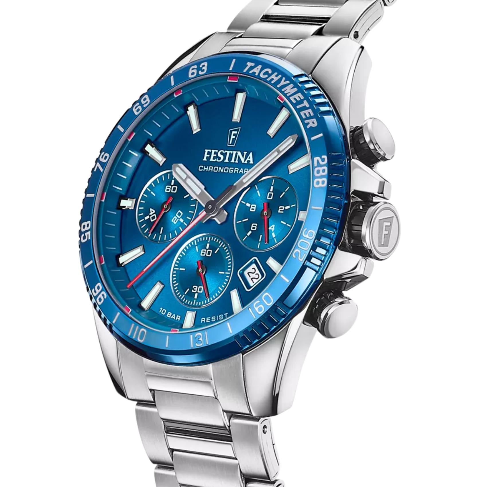 Μπλε καντράν ρολογιού Festina F20560/3 διαμέτρου 45mm με ένδειξη ημερομηνίας και χρονογράφο