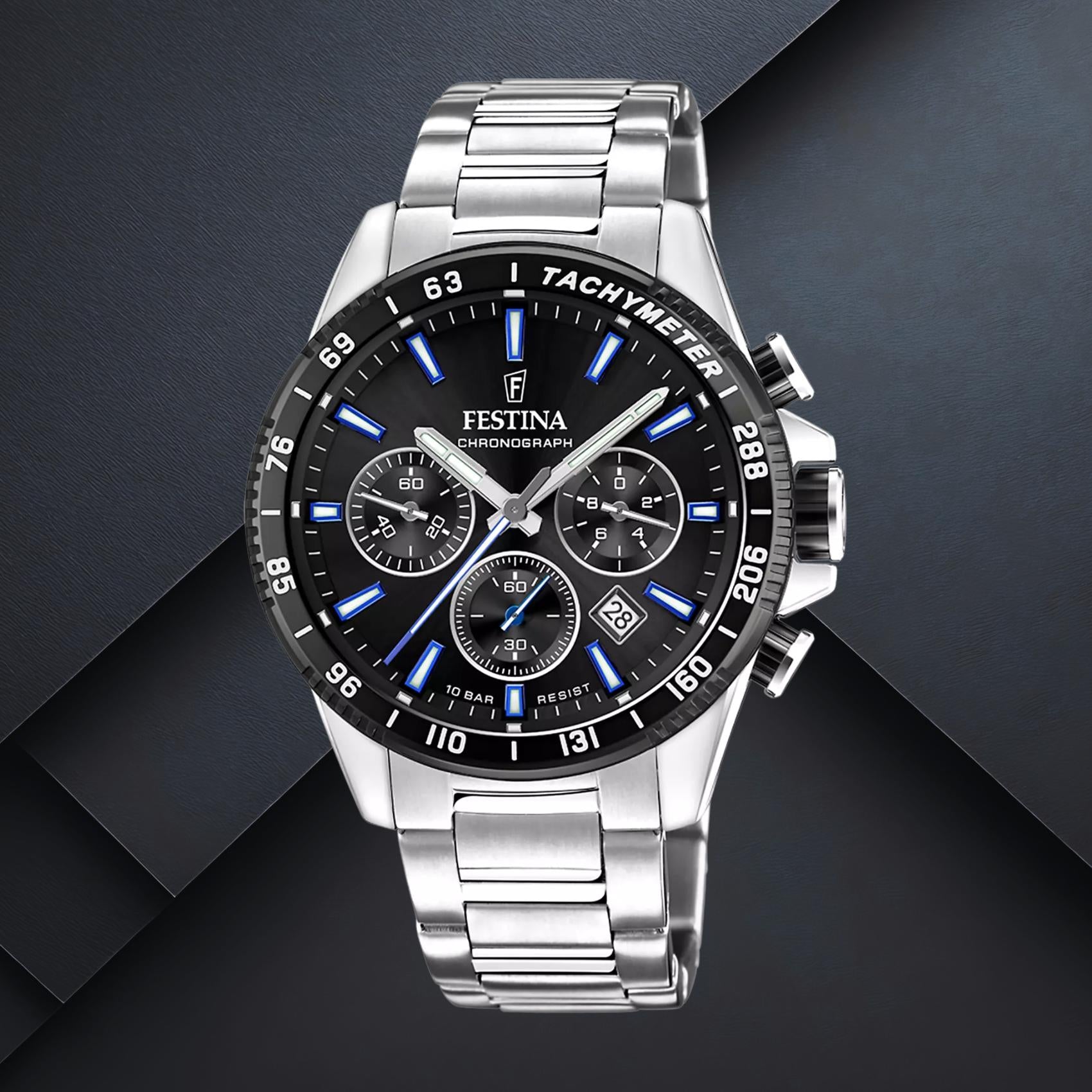 Ανδρικό ρολόι Festina F20560/5 με ασημί μπρασελέ και μαύρο καντράν διαμέτρου 45mm με ένδειξη ημερομηνίας και χρονογράφο