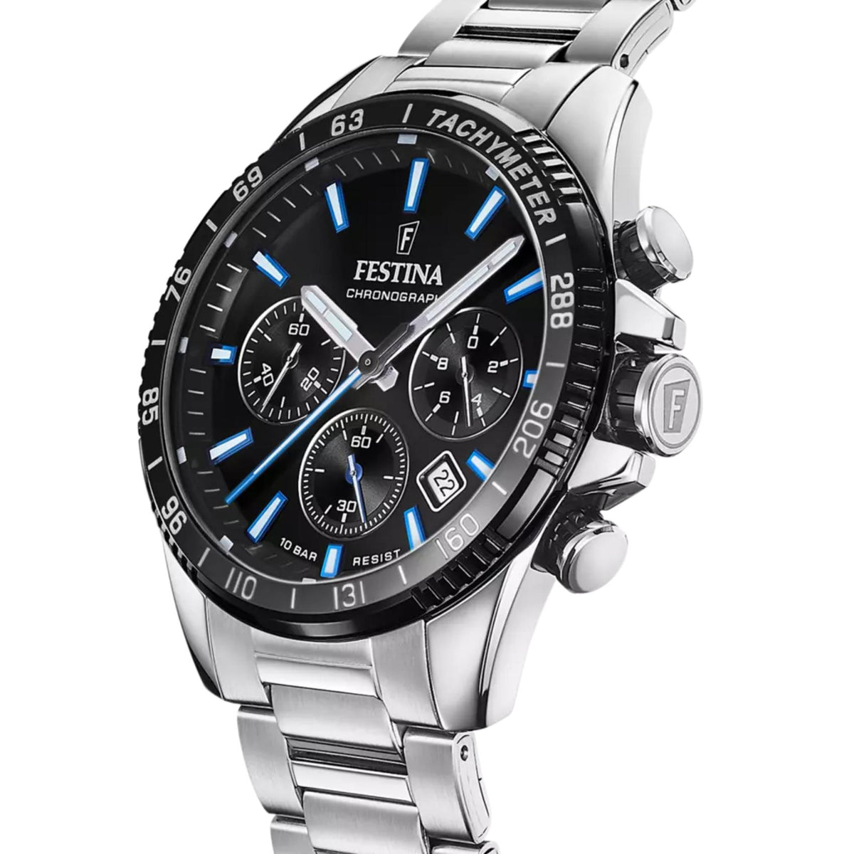 Μαύρο καντράν ρολογιού Festina F20560/5 διαμέτρου 45mm με ένδειξη ημερομηνίας και χρονογράφο