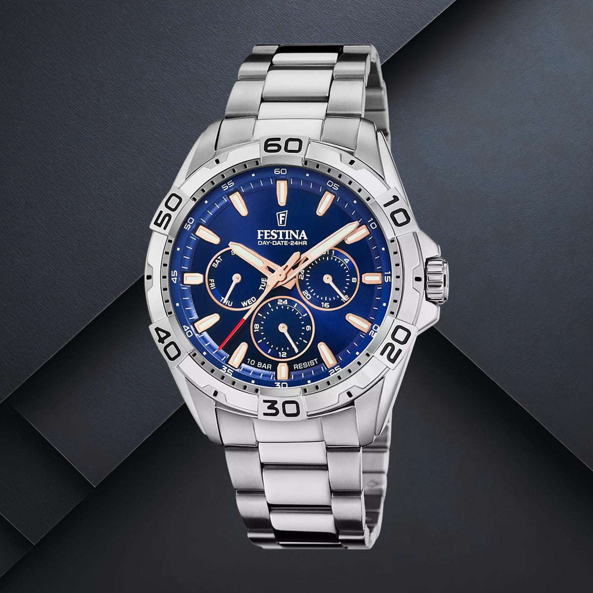 Ανδρικό ρολόι Festina F20623/2 με ασημί μπρασελέ, μπλε καντράν 44.7mm, ενδείξεις ημέρας, ημερομηνίας και 24ωρης ώρας