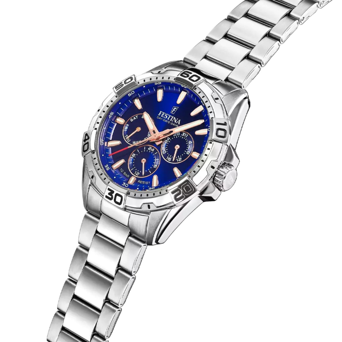 Μπλε καντράν ρολογιού Festina F20623/2 διαμέτρου 44.7mm με ενδείξεις ημέρας, ημερομηνίας και 24ωρης ώρας