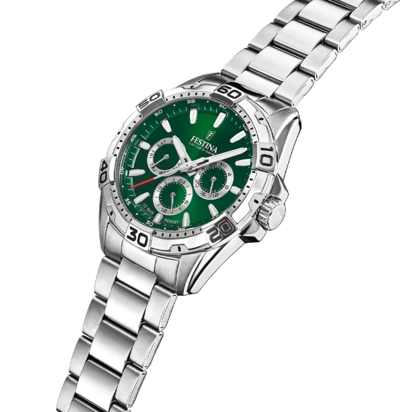 Πράσινο καντράν ρολογιού Festina F20623/3 διαμέτρου 44.7mm με ενδείξεις ημέρας, ημερομηνίας και 24ωρης ώρας