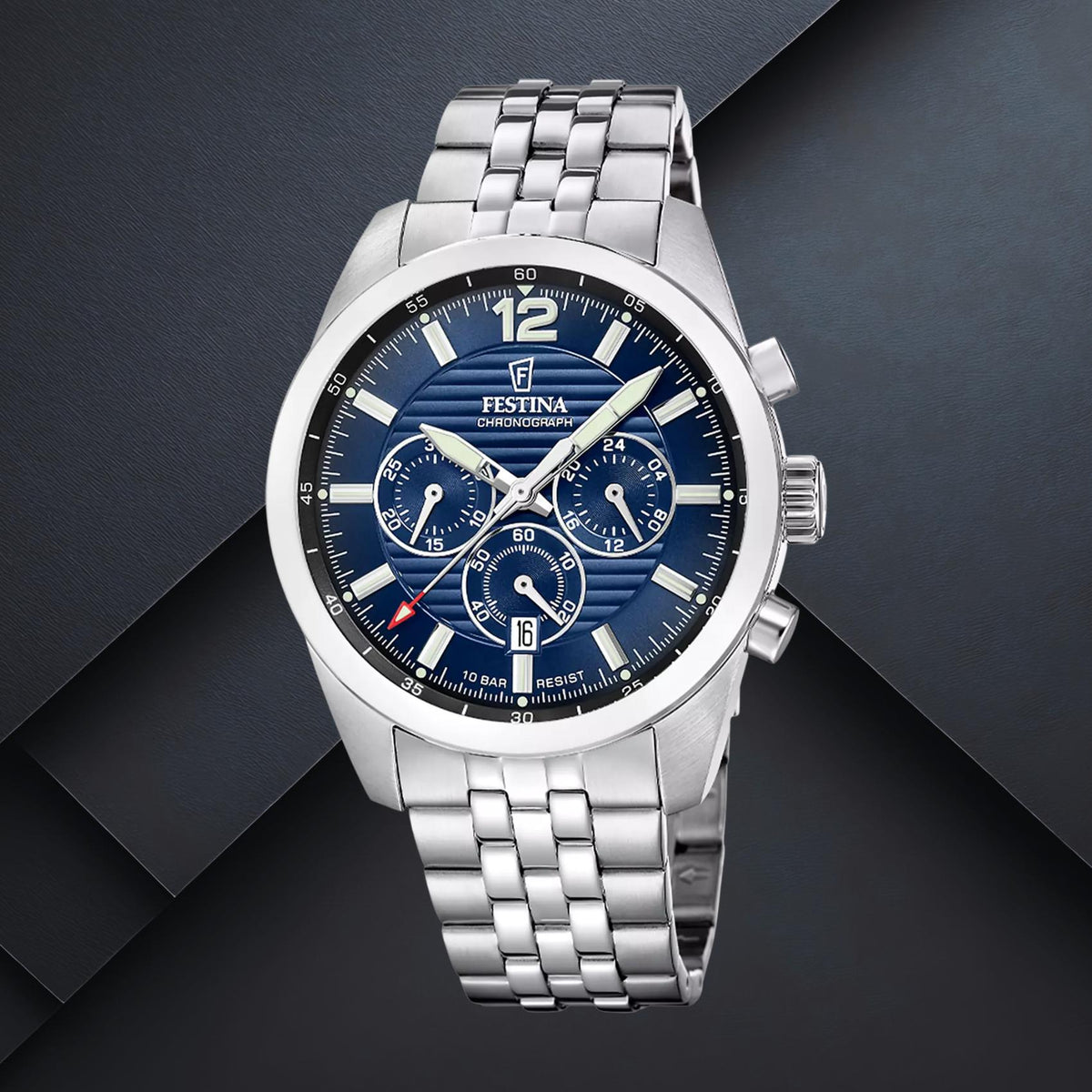 Ανδρικό ρολόι Festina F20742/4 με ασημί μπρασελέ και μπλε καντράν διαμέτρου 43.8mm με ένδειξη ημερομηνίας και χρονογράφο