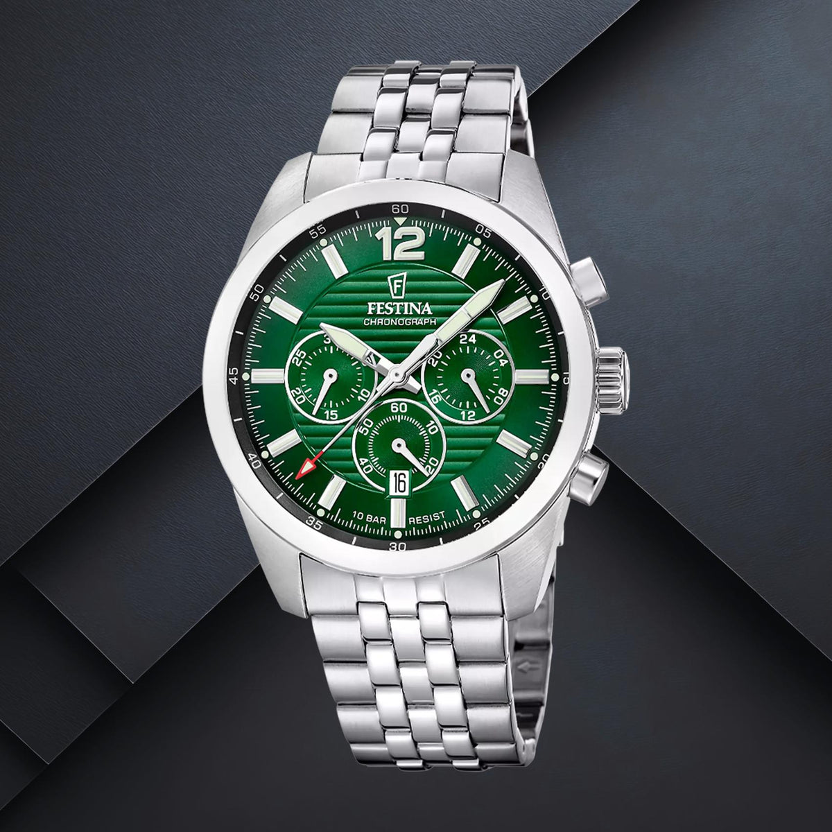 Ανδρικό ρολόι Festina F20742/5 με ασημί μπρασελέ και πράσινο καντράν διαμέτρου 43.8mm με ένδειξη ημερομηνίας και χρονογράφο