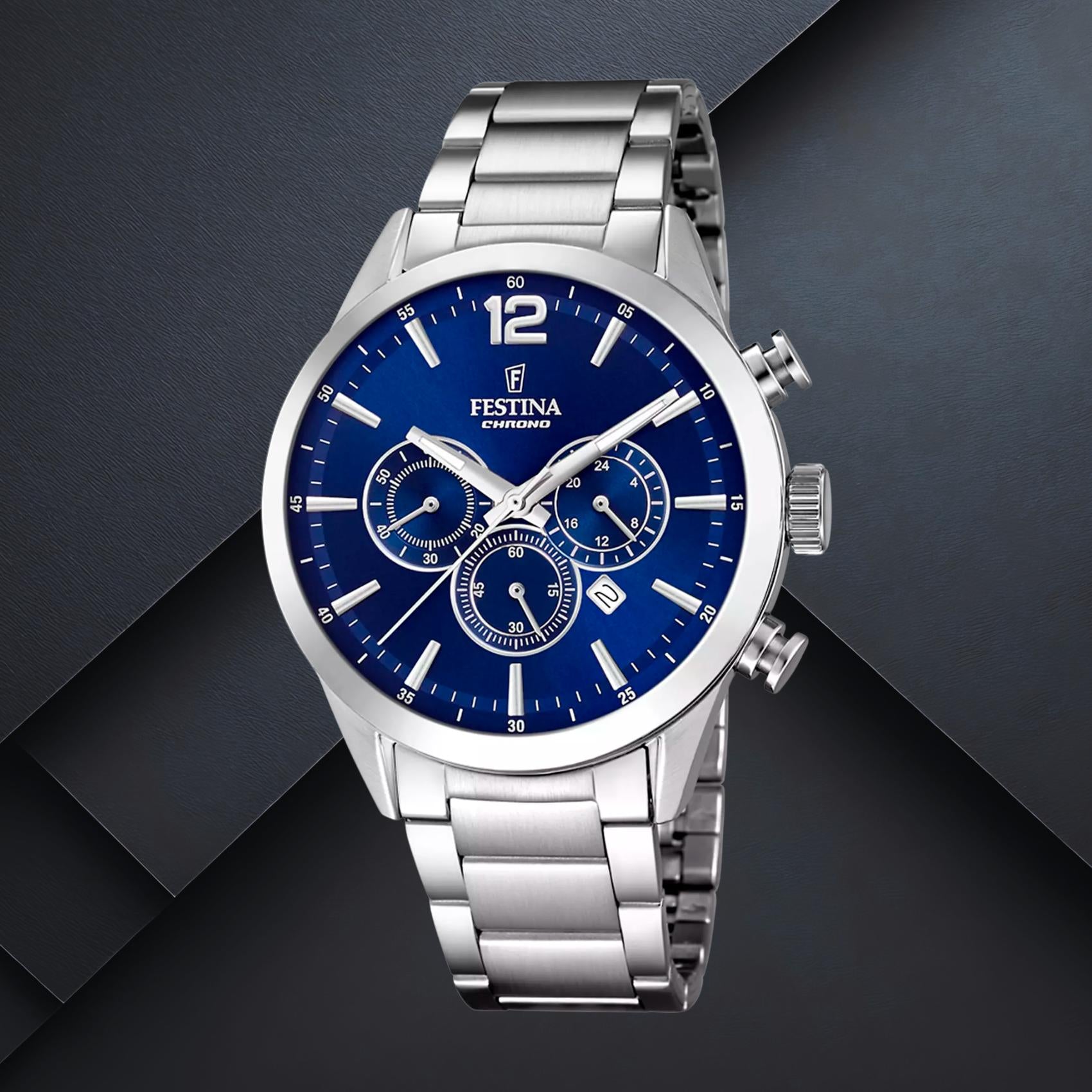 Ανδρικό ρολόι Festina Timeless Chronograph F20343/7 με ασημί μπρασελέ, σκούρο μπλε καντράν 43.5mm, ημερομηνία και χρονογράφο