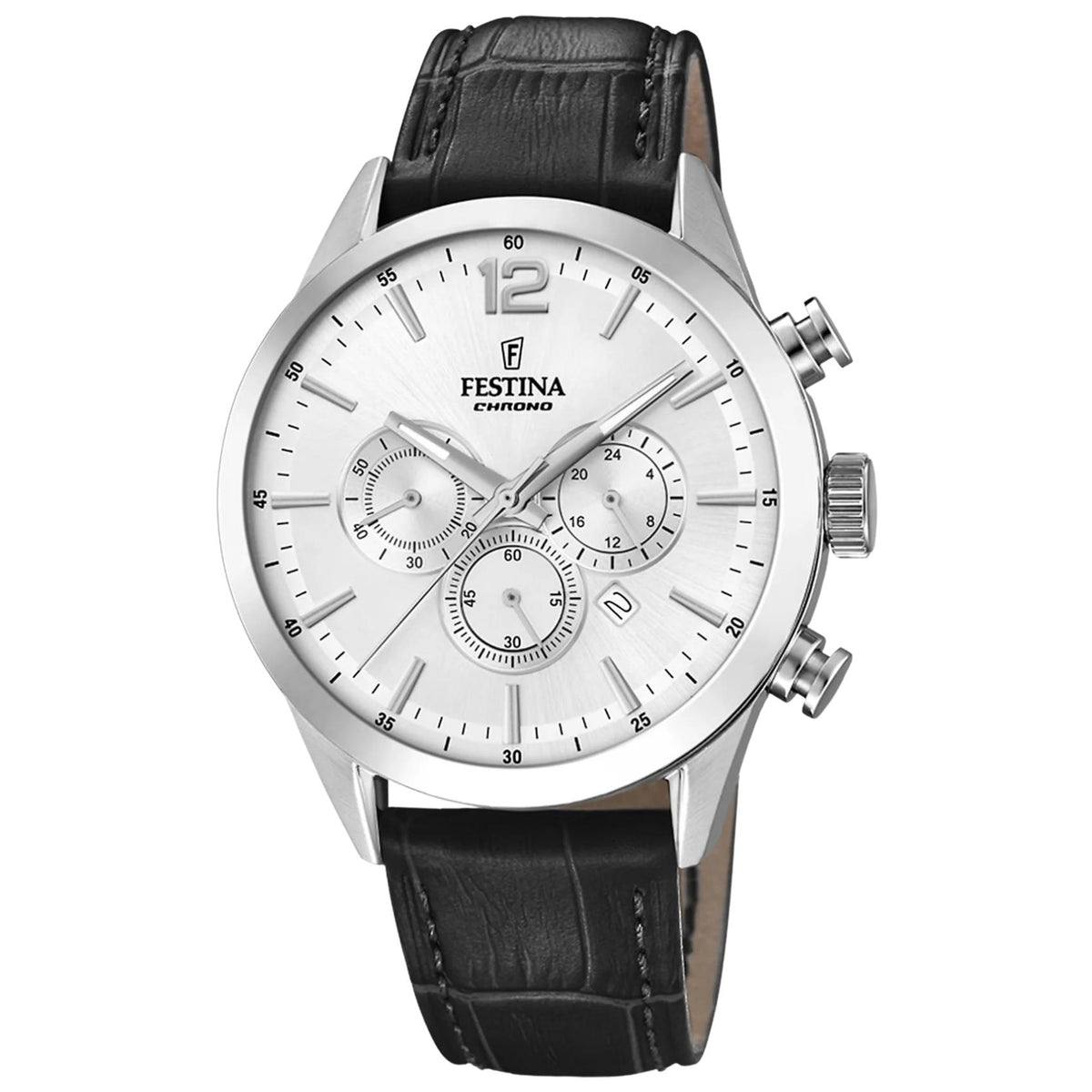 Ανδρικό ρολόι Festina Timeless Chronograph F20542/1 με μαύρο δερμάτινο λουράκι και λευκό καντράν