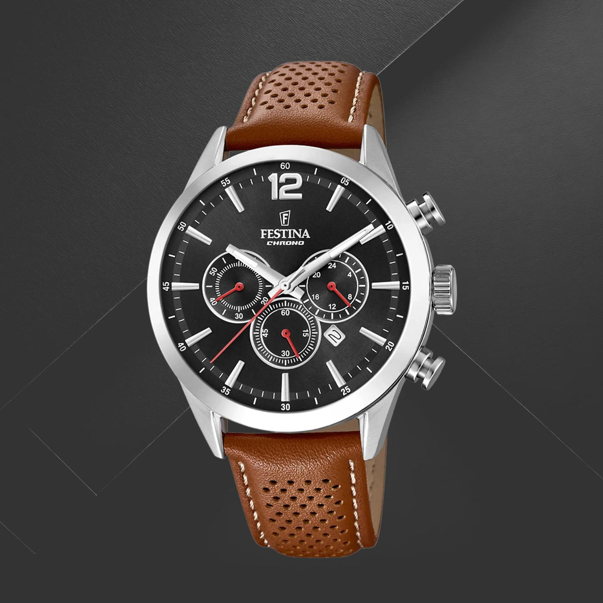 Ανδρικό ρολόι Festina Timeless Chronograph F20542/6 με καφέ λουράκι, μαύρο καντράν 43.5mm, χρονογράφος, ημέρα και ημερομηνία