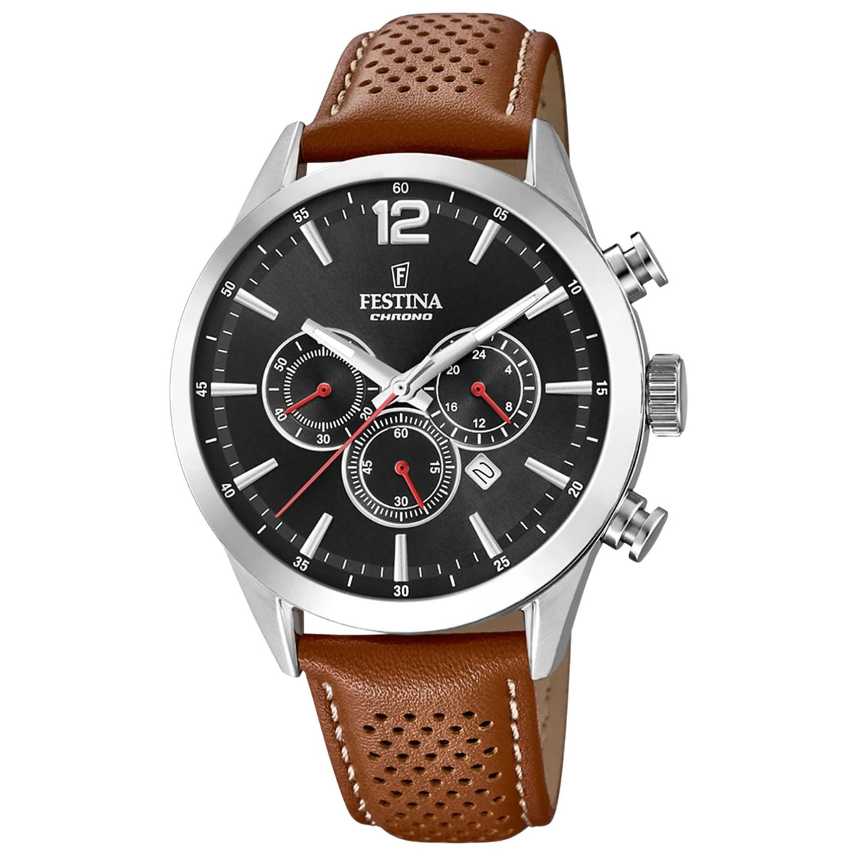 Ανδρικό ρολόι Festina Timeless Chronograph F20542/6 με καφέ δερμάτινο λουράκι και μαύρο καντράν
