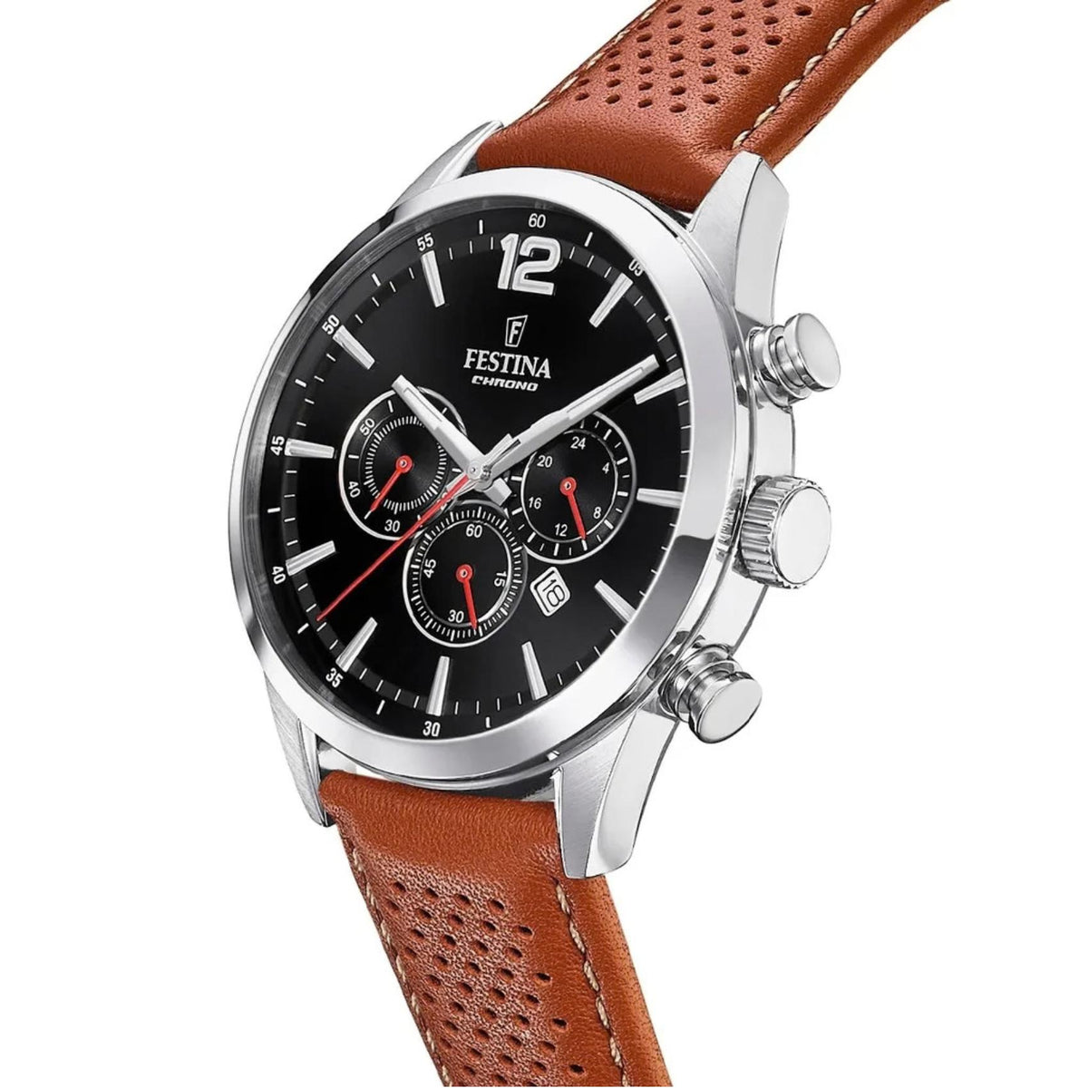 Μαύρο καντράν ρολογιού Festina Timeless Chronograph F20542/6 διαμέτρου 43.5mm με ενδείξεις ημέρας, ημερομηνίας και χρονογράφο