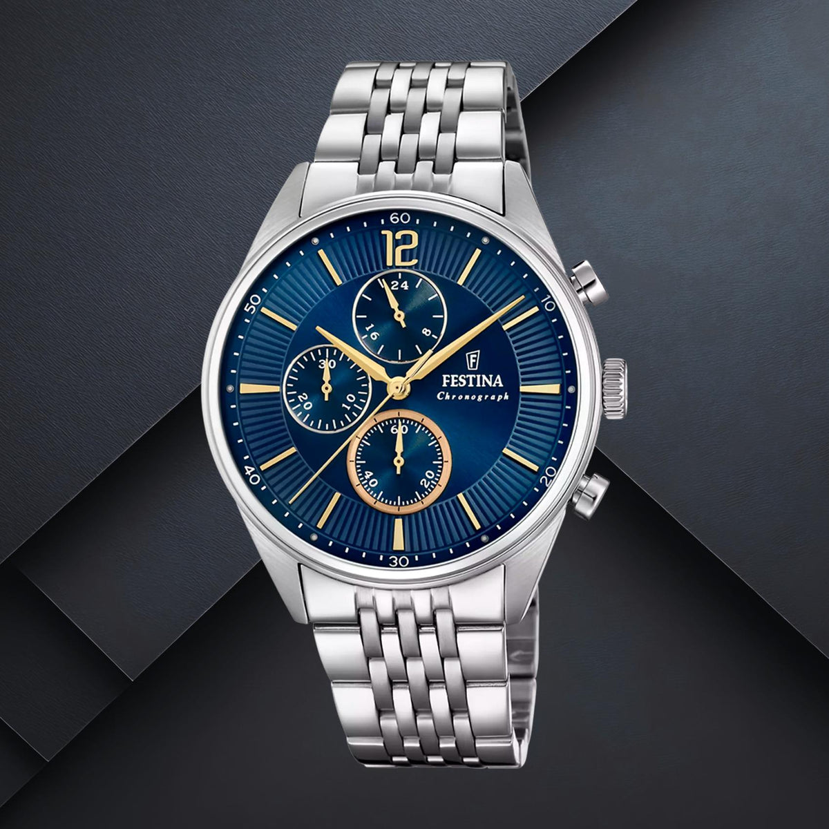 Ανδρικό ρολόι Festina Timeless F20285/3 με ασημί μπρασελέ και μπλε καντράν διαμέτρου 41.5mm με ένδειξη χρονογράφου