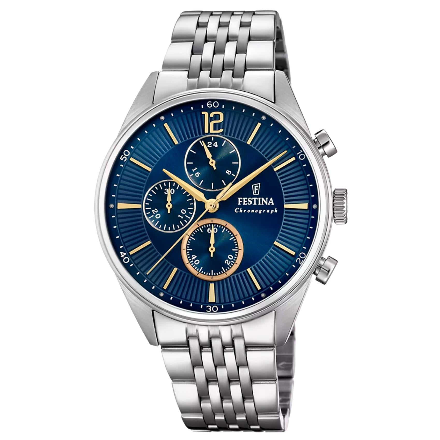 Ανδρικό ρολόι Festina Timeless F20285/3 με ασημί μπρασελέ και μπλε καντράν