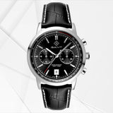 Ανδρικό ρολόι χρονογράφος Gant Bergamo G196001 με μαύρο δερμάτινο λουράκι και μαύρο καντράν 42mm, σε φόντο.