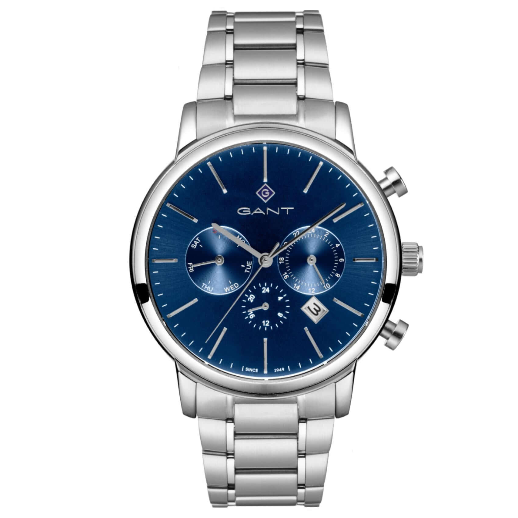 Ανδρικό ρολόι Gant Cleveland G132019 με ασημί ατσάλινο μπρασελέ και μπλε καντράν διαμέτρου 43.5mm.