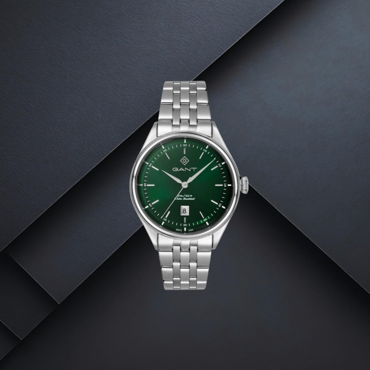 Ανδρικό ρολόι Gant Cortland G305003 με ασημί μπρασελέ και πράσινο καντράν 41mm με ένδειξη ημερομηνίας

