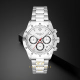 Ανδρικό ρολόι Gant Greenfield G202001 χρονογράφος με ασημί ατσάλινο μπρασελέ και άασπρο καντράν 41mm, σε μαύρο φόντο.